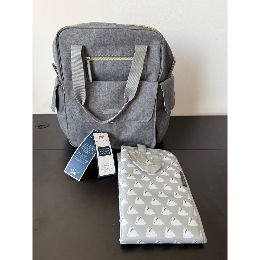 Dabney Lee Expandable Backpack Diaper Bag Grey Bunny Print Change Mat NWT - Picture 10 of 16